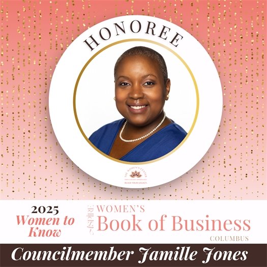 Graphic honoring Councilmember Jamille Jones as a 2025 "Women to Know" honoree by the Women’s Center for Economic Opportunity and Aspire Women’s Book of Business Columbus. The design features a circular portrait of Councilmember Jones wearing a blue dress and pearl necklace, centered on a pink background with gold confetti accents. The words “HONOREE” appear above the photo, and the bottom section includes the event title and her name in elegant fonts.