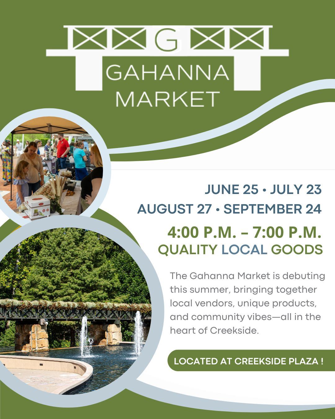 Green and white graphic with the title The Gahanna Market, with a list of the four market dates