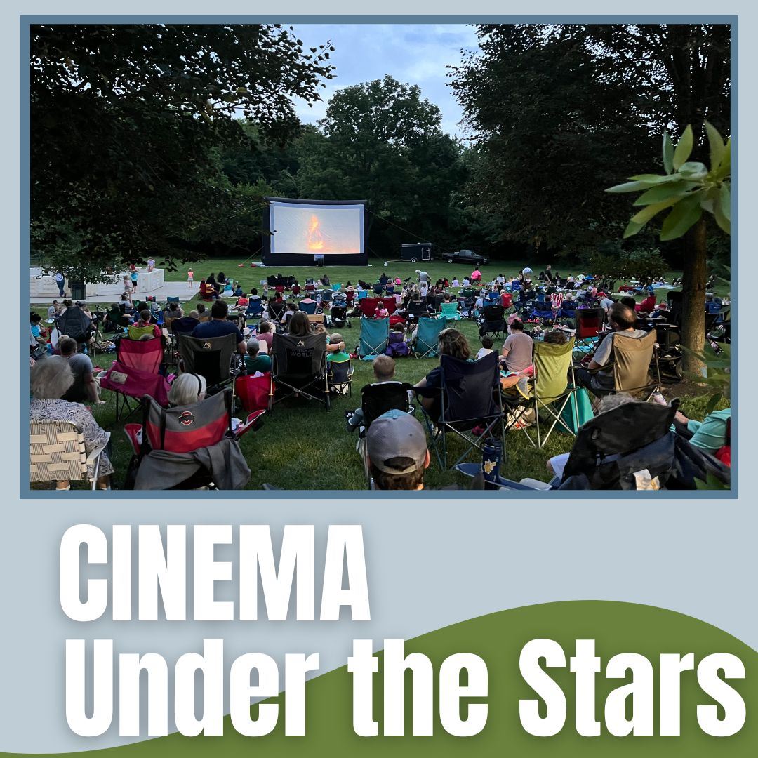 Graphic with a photo of a crowd watching a movie on a projector in a park