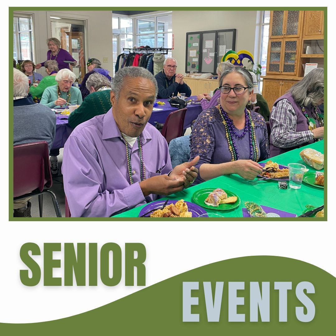Graphic with two senior center members sharing a meal and smiling