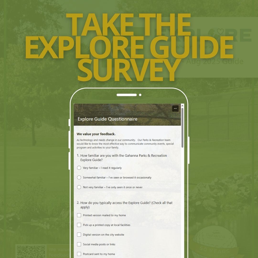 Green background with a phone screen of the Explore Guide Survey. At the top is gold text