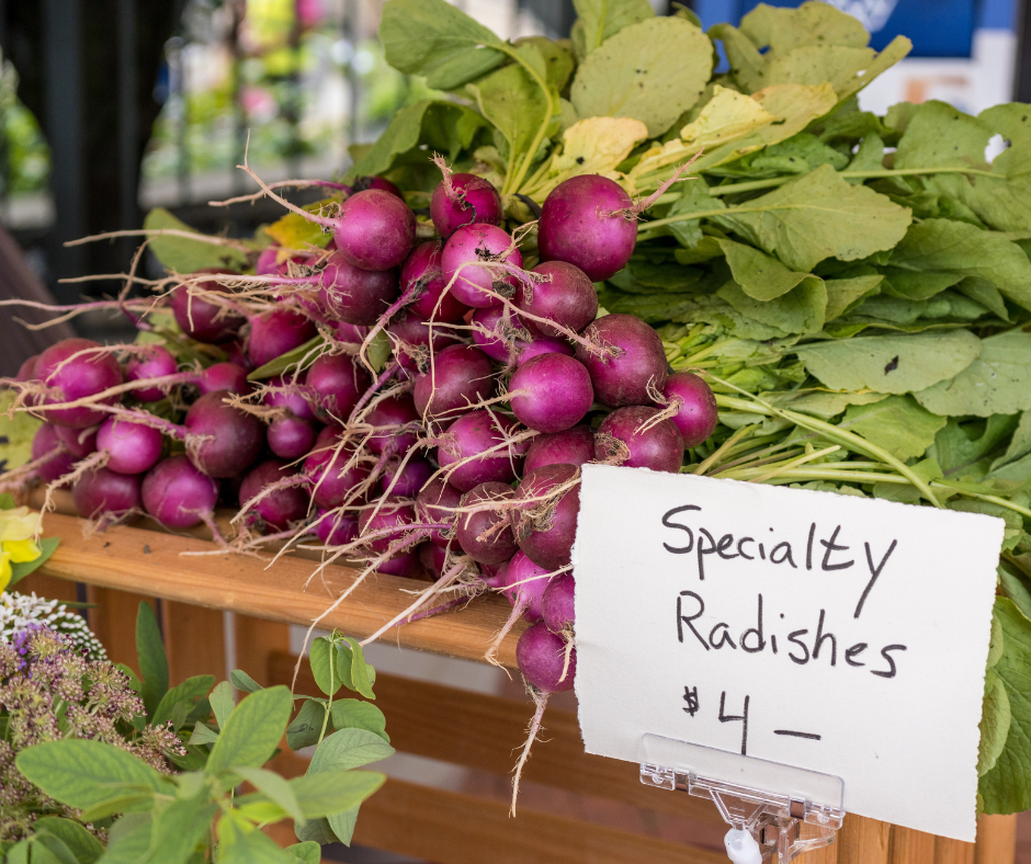 A bundle of radishes on a stand at the Gahanna Market
