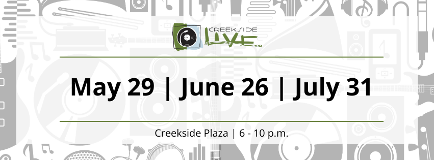 White and grey background with Creekside Live logo and dates in black